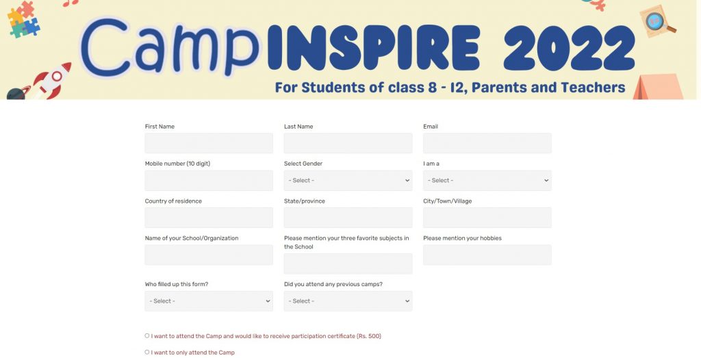 Registration Form of Camp Inspire 2022