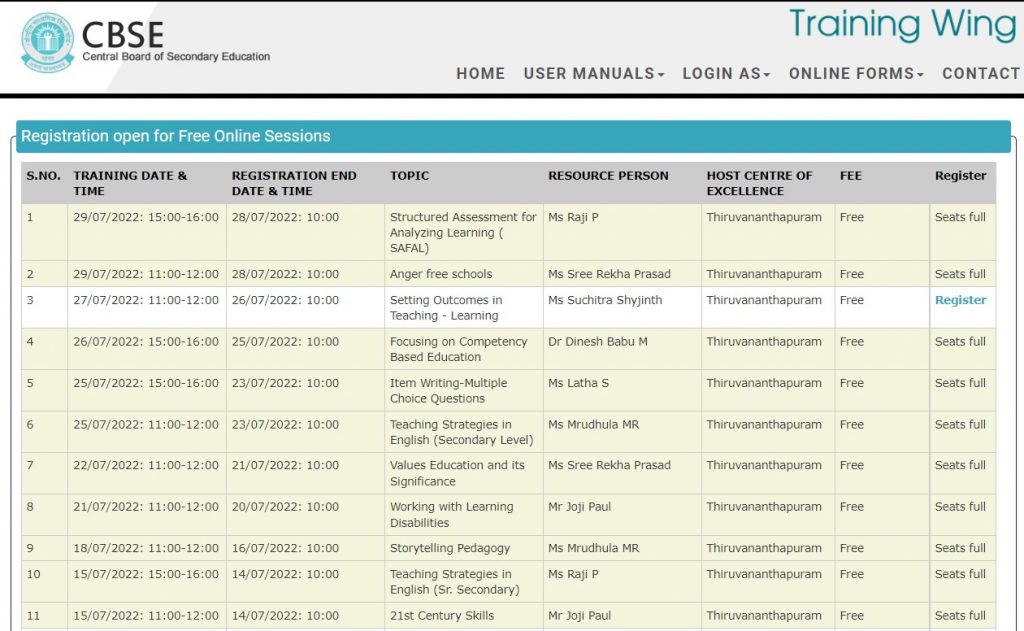 Check Direct link to CBSE Training Courses are available