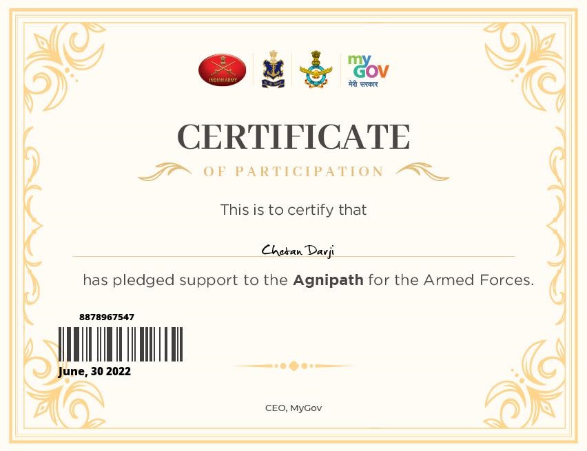 Download the Certificate of E-Pledge for I PLEDGE MY SUPPORT TO THE AGNIPATH SCHEME FOR THE ARMED FORCES 2022