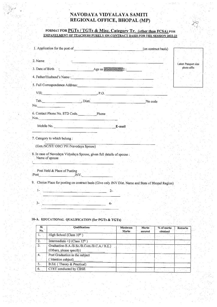Format-1 Navodaya Online Contract teacher Form