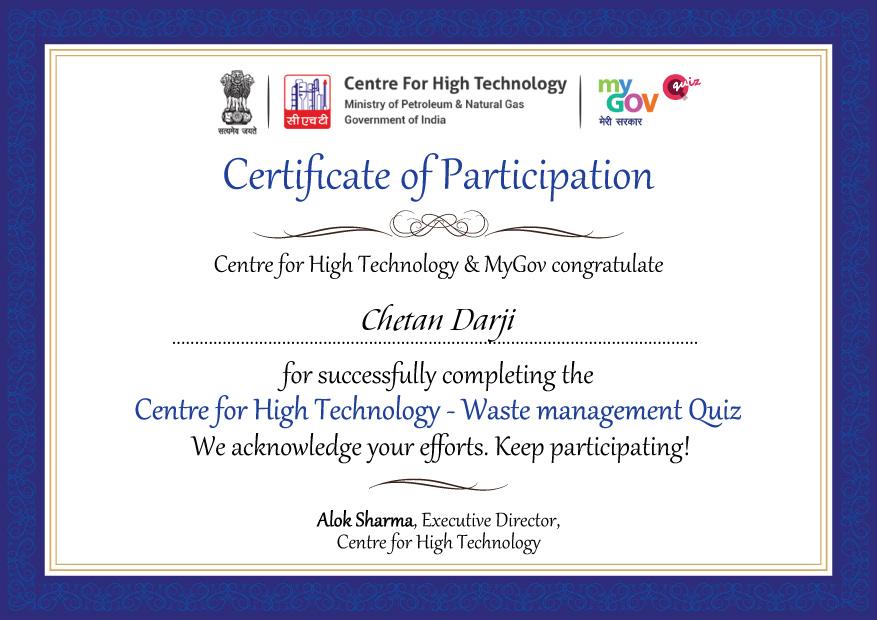 Get Free Government Certificate of Centre for High Technology – Waste Management Quiz