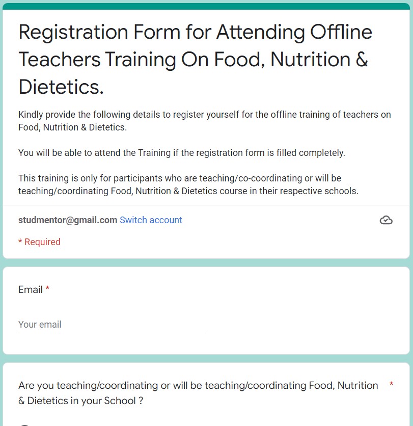 Registration Form for Attending Offline Teachers Training On Food, Nutrition & Dietetics.