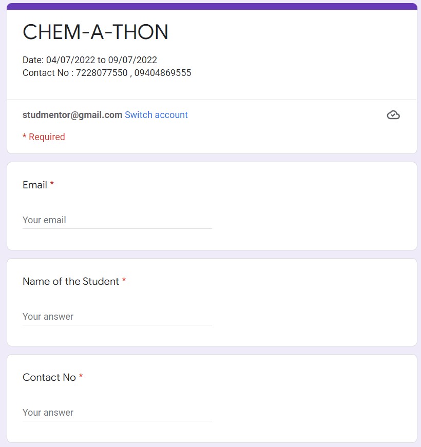 Registration form for Chemathon Quiz Competition
