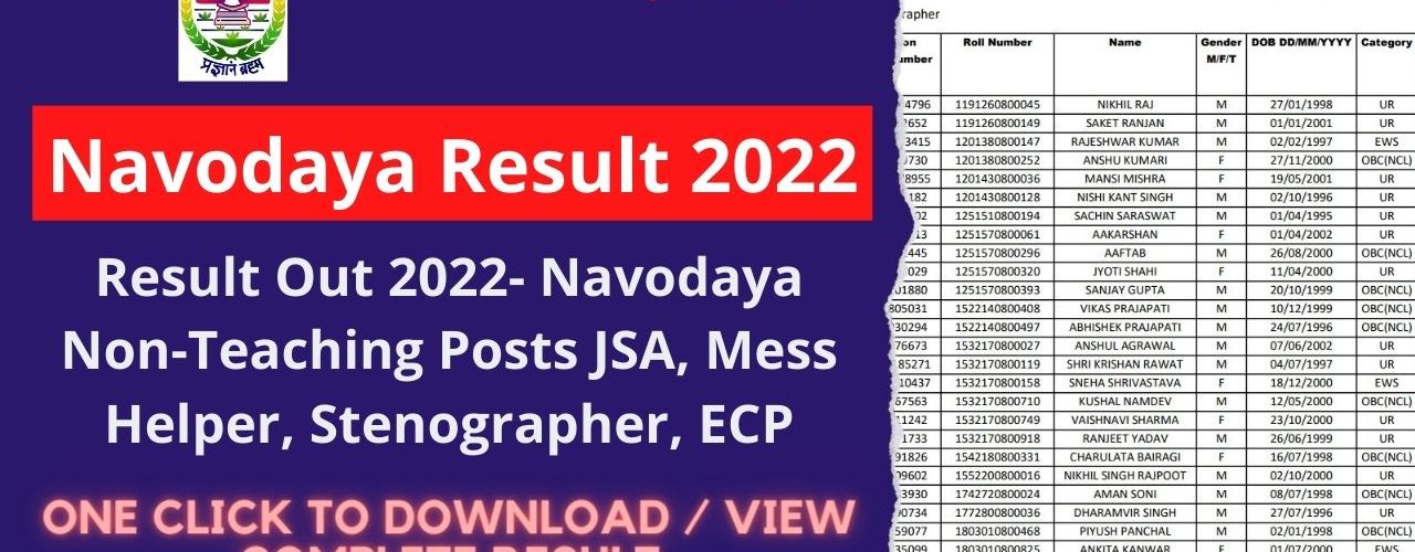 Result Out 2022- Navodaya Non-Teaching Posts JSA, Mess Helper, Stenographer, ECP 2022