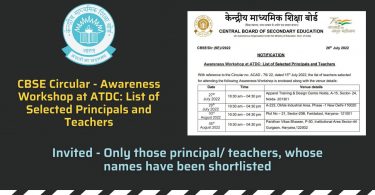 CBSE Circular - Awareness Workshop at ATDC List of Selected Principals and Teachers