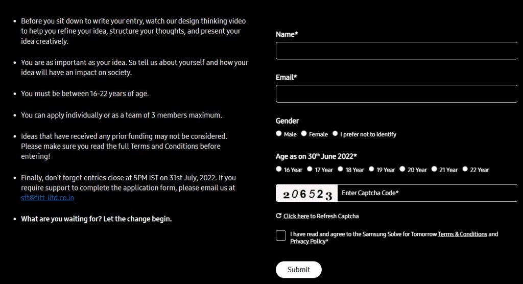 Registration Form Samsung Solve for tomorrow Contest 2022