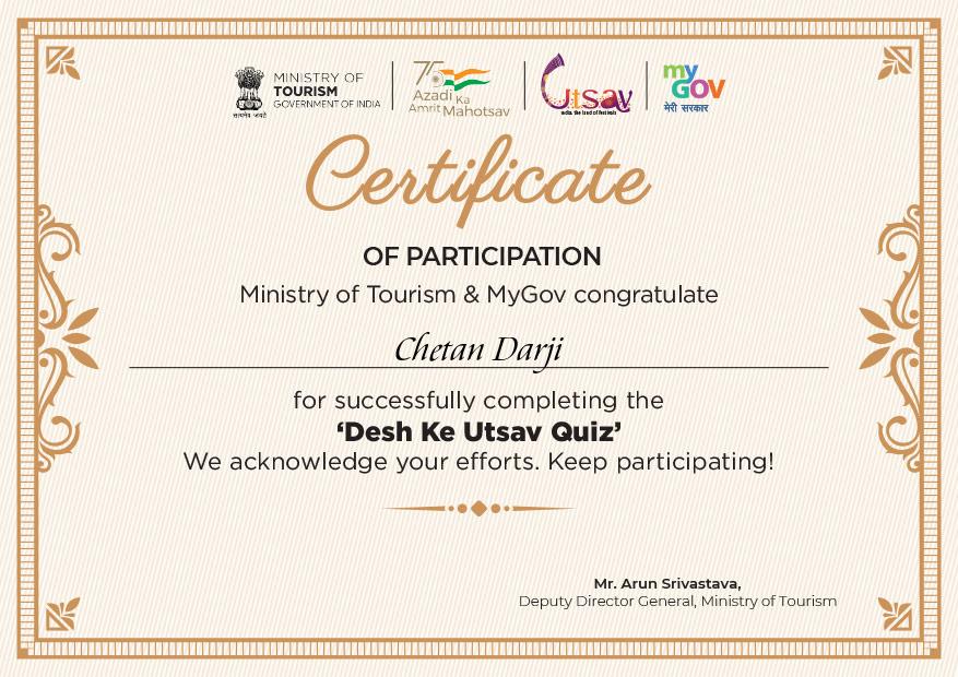 Desh ka Utsav Quiz 2022 Certificate