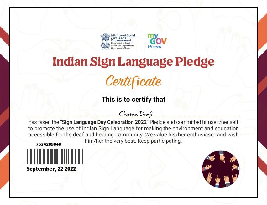 download Certificate of indian sign language 2022-23