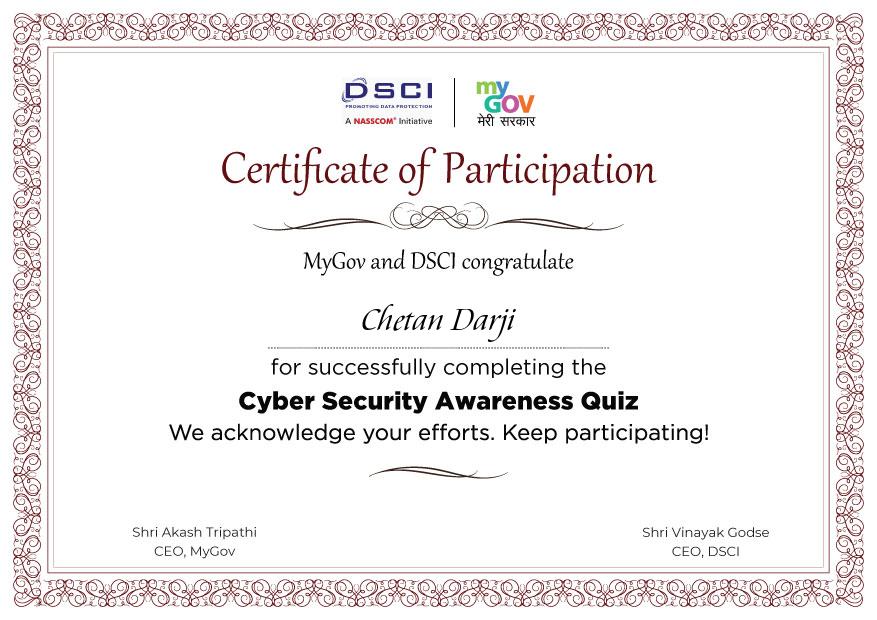 Download Participation Certificate of Cyber Security Awareness Quiz 2022
