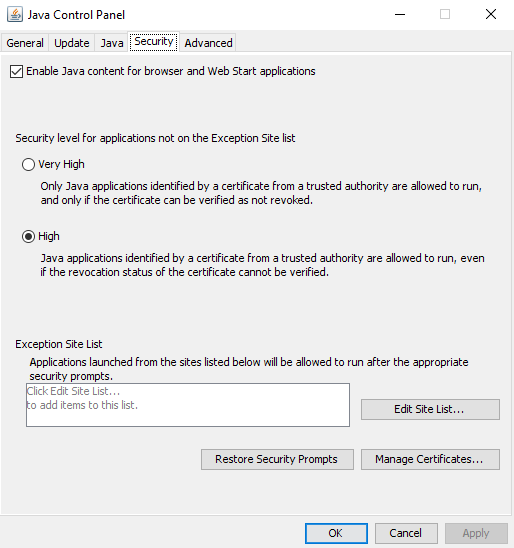 Security Tab - Configure Java