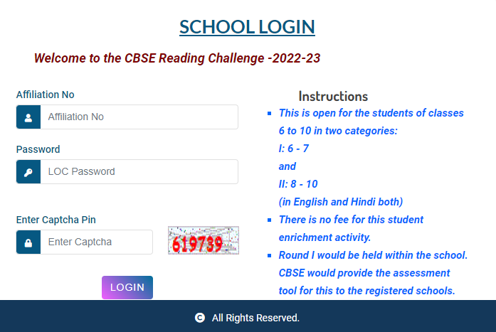 CBSE Reading Challenge School Login Details 2022-23