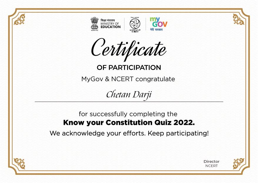 Download Certificate of  NCERT Know your Constitution Quiz 2022 for Student with Certificate