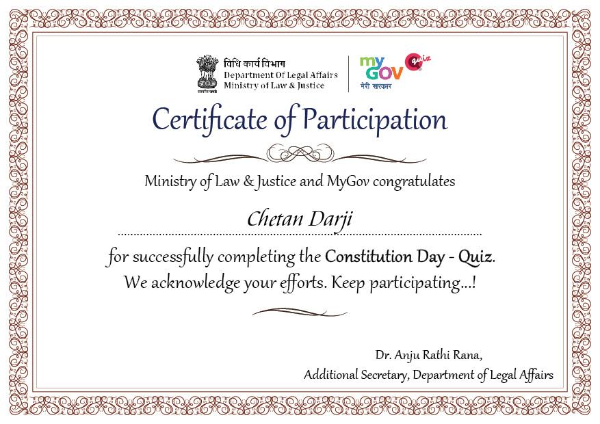 constitution Day Quiz certificate 2022