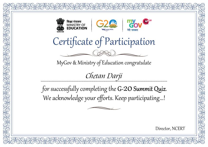 Download Certificate of G20 Summit Quiz
