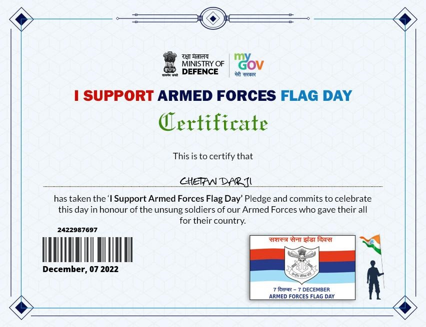 Download Certificate of I Support Armed Forces Flag Day with Certificate 2022-23