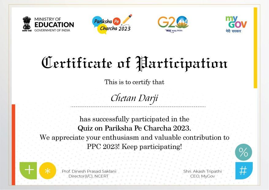 Download Certificate of  Pariksha Pe Charcha Quiz PPC 2023