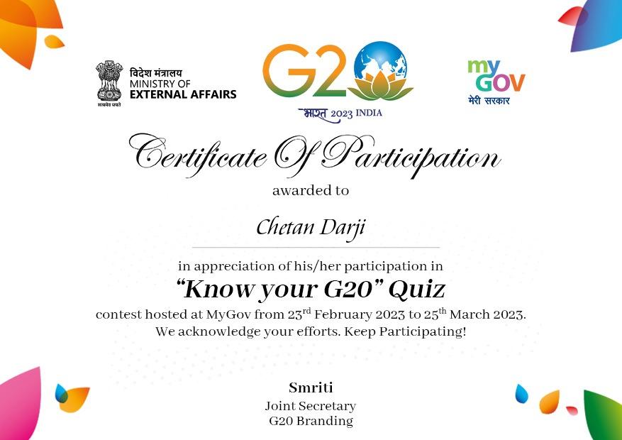Download Certificate of G20 Quiz 2023