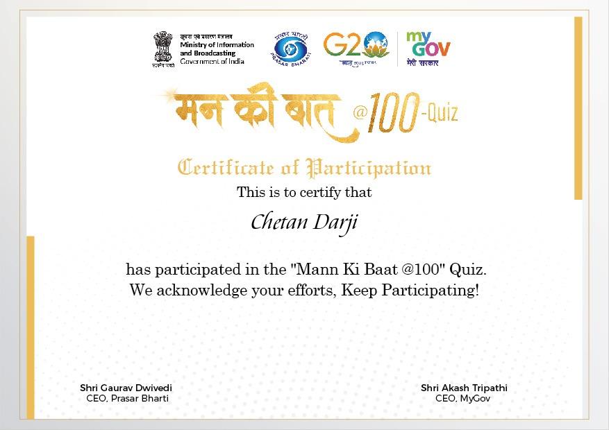 Download Official Certificate of Mann Ki Baat@100  Government Quiz 2023