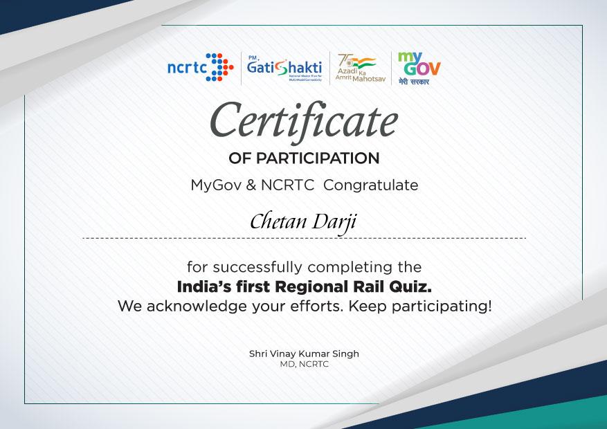 Download Certificate of India’s First Regional Rail Quiz 2023