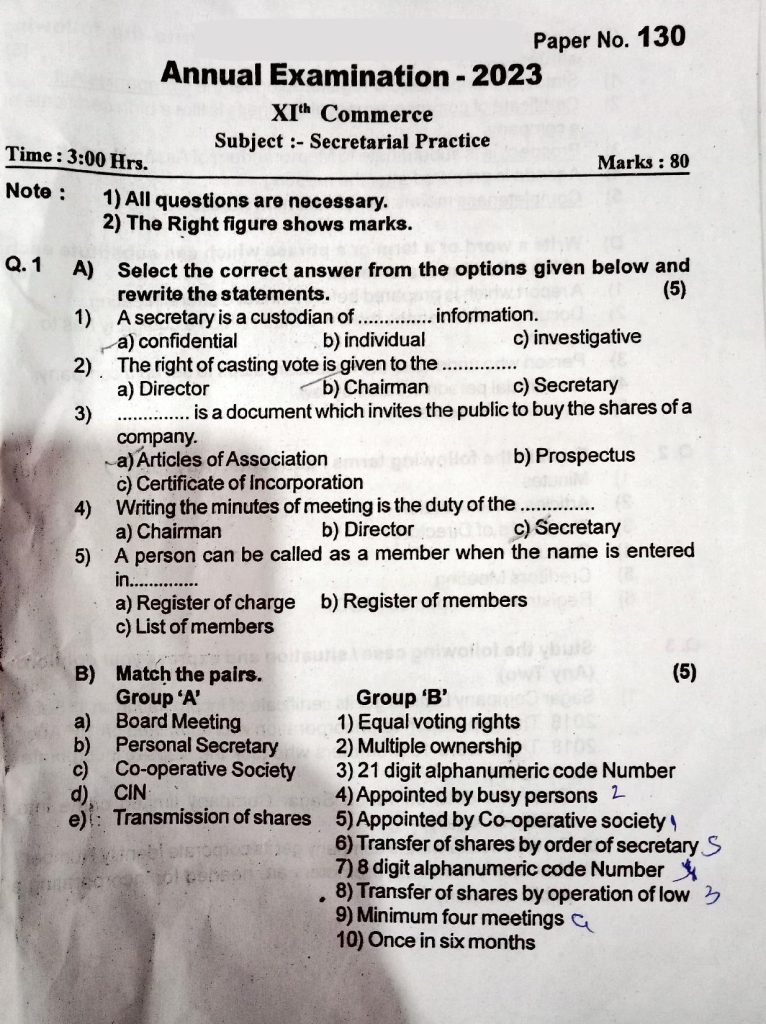 Page 1 Secretarial Practice Class 11th Commerce Term 2 Annual Exam Practice Paper - Maharashtra State Board