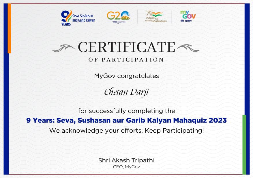 Download Certificate of “9 Years Seva, Sushasan aur Garib Kalyan Mahaquiz 2023.”