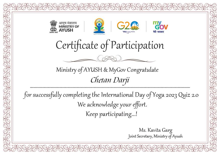 Download Certificate of International Day of Yoga 2023 Quiz 2.0