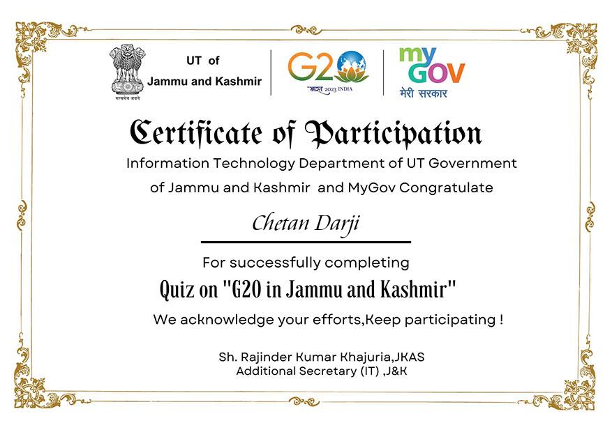 Download the Certificate of G20 Quiz in Jammu and Kashmir 2023