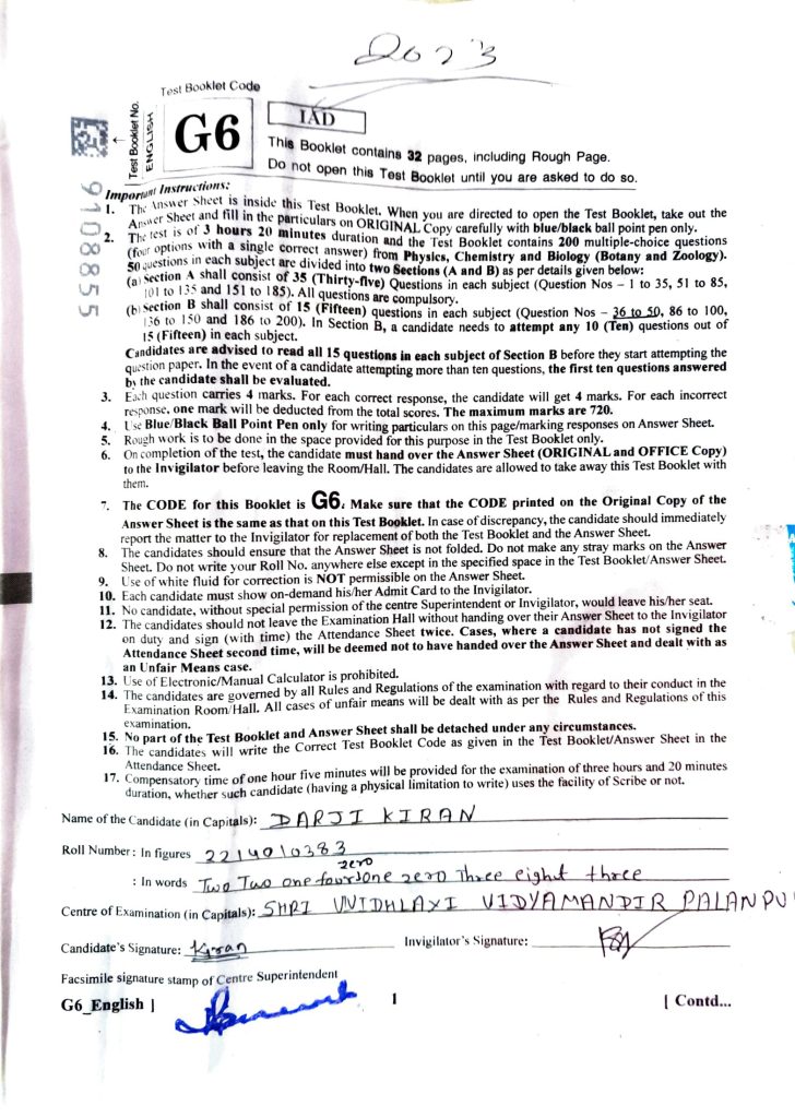 NEET - UG Question Paper with Official Answer Key in PDF (07 May 2023) G6 Series in English-01