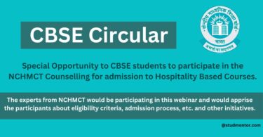 CBSE Circular - Special Opportunity to CBSE students to participate in the NCHMCT Counselling for admission to Hospitality Based Courses.