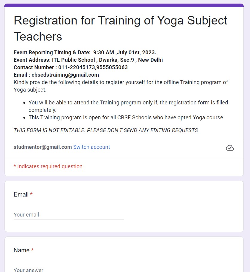 Registration for Training of Yoga Subject Techers 2023