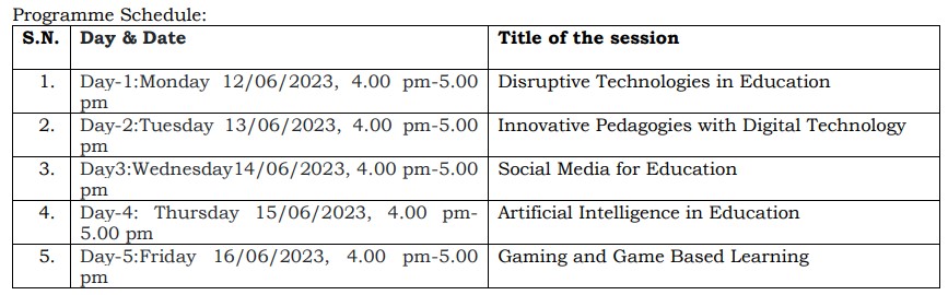 Schedule of Online Training on “Emerging Trends in Educational Technology” from 12-16 June 2023