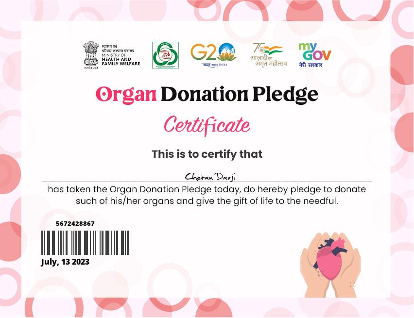 Certificate of Pledge ORGAN DONATION PLEDGE 2023
