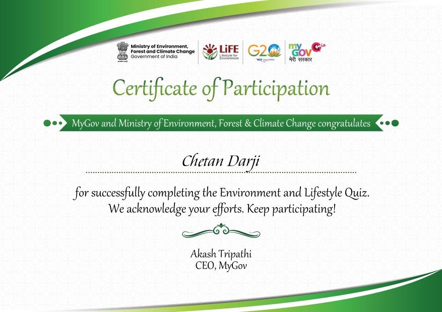 Download Certificate of Environment and Lifestyle Quiz 2023
