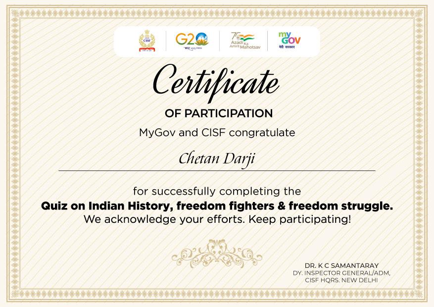 Download Certificate of Quiz on Indian History, freedom fighters & freedom struggle 2023