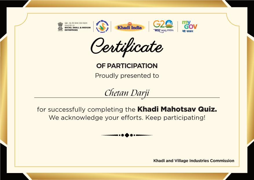 Khadi Mahotsav Quiz Contest Certificate
