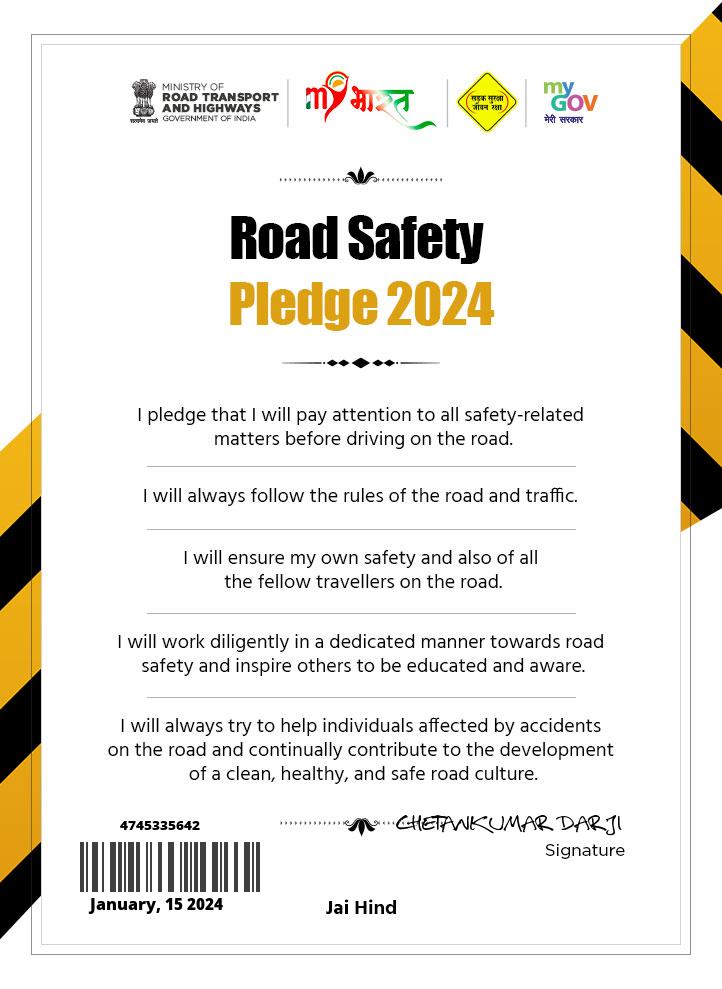 Download certificate of Road Safety Pledge 2024