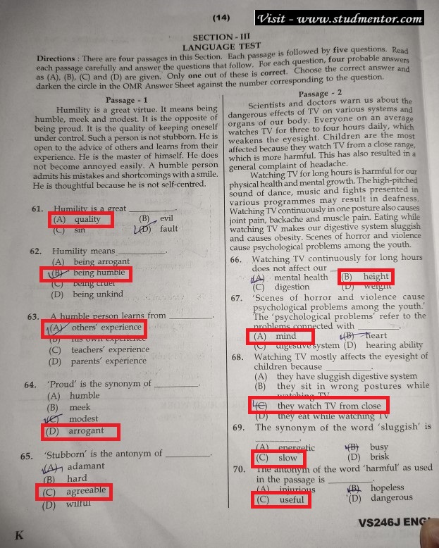Navodaya Class 6 English Paper Solution (20.01.2024) Page no. 14