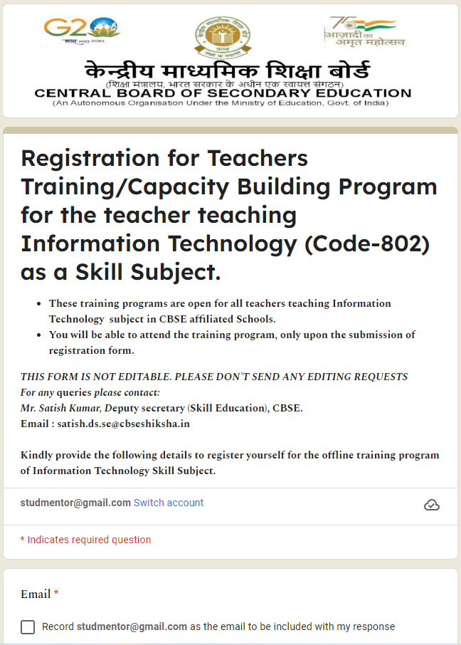 Registration for Teachers training building program for the teacher training it skill subject Registration Link 2024