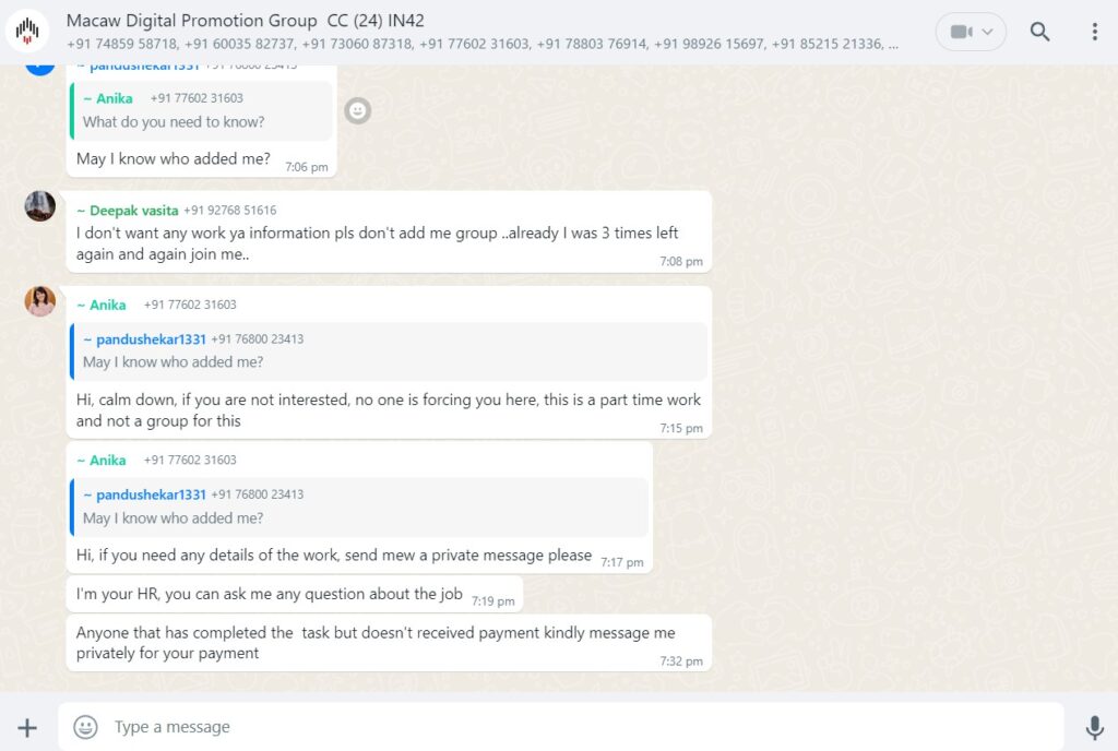 Example of WhatsApp Group for Scammers (Review Scam) 2024